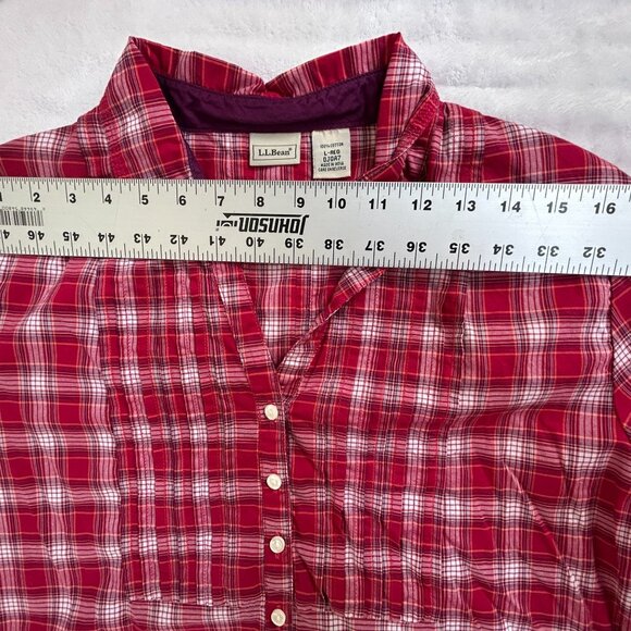 L.L.Bean Womens Red Plaid Long Sleeve Pintuck Button-Up Shirt Large 100% Cotton - Picture 5 of 7